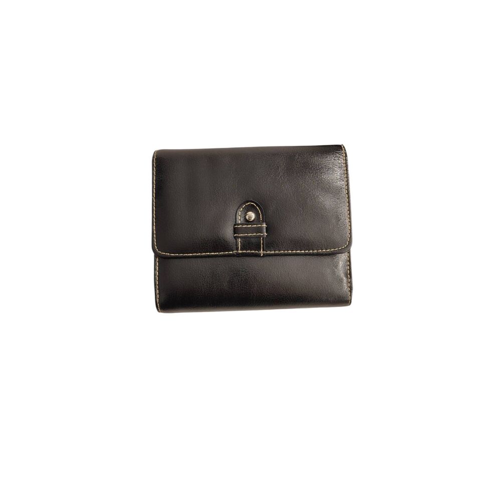 Buxton Black Leather Tri Fold Wallet Kiss Lock Coin Pocket Snap Closure EUC